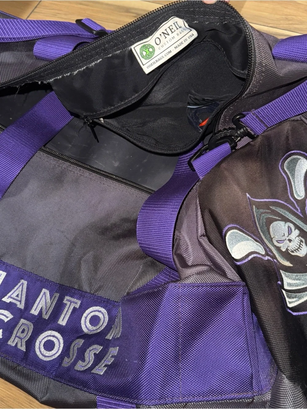 O’Neil Custom Bags Phantom Lacrosse Duffle Bag 28” Purple Black Skull Y2K